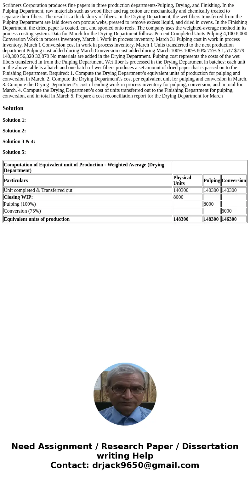  Scribners Corporation produces fine papers in three production departments-Pulping, Drying, and Finishing. In the Pulping Department, raw materials such as woo