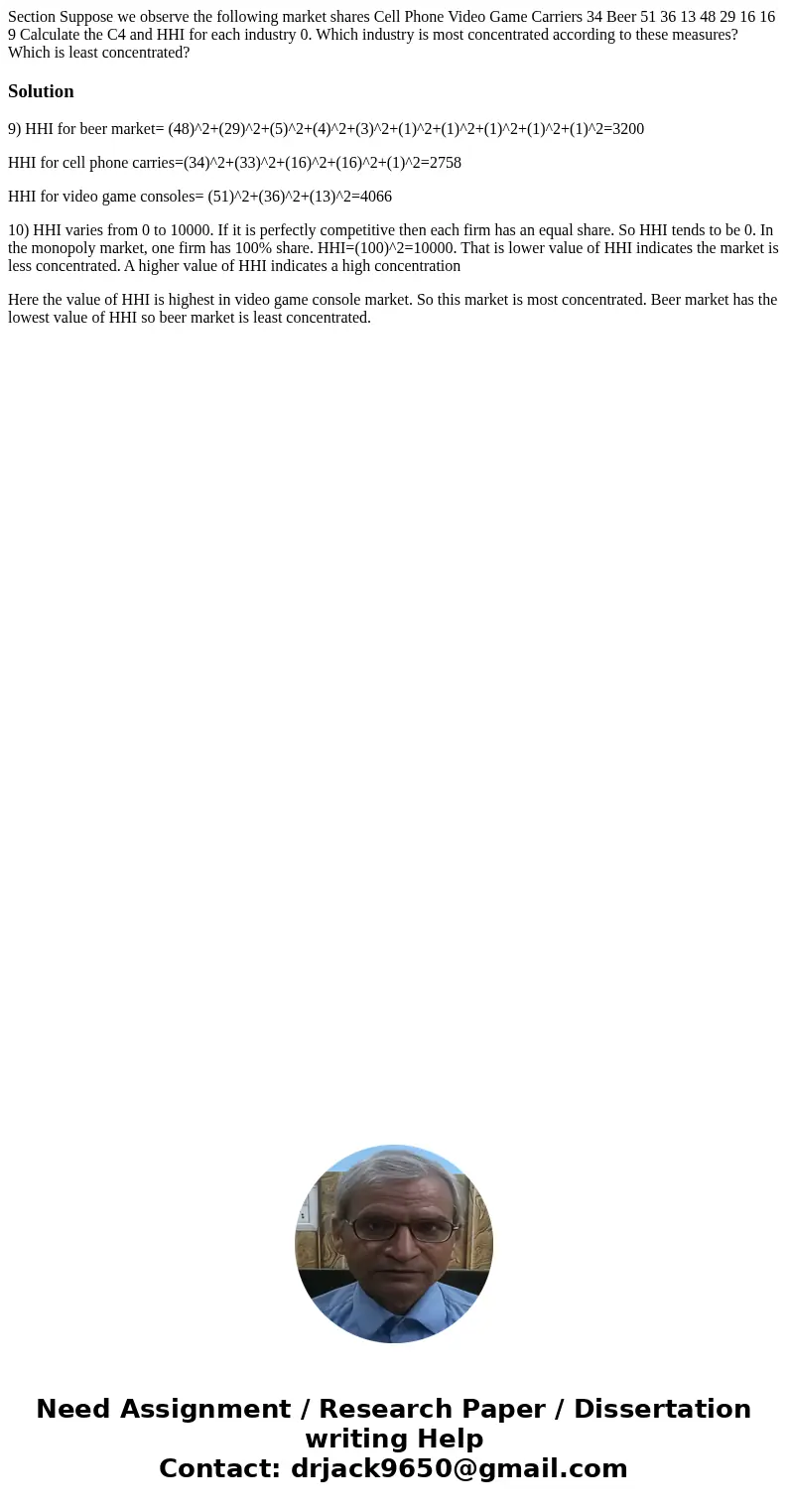 Section Suppose we observe the following market shares Cell Phone Video Game Carriers 34 Beer 51 36 13 48 29 16 16 9 Calculate the C4 and HHI for each industry  Section Suppose we observe the following market shares Cell Phone Video Game Carriers 34 Beer 51 36 13 48 29 16 16 9 Calculate the C4 and HHI for each industry