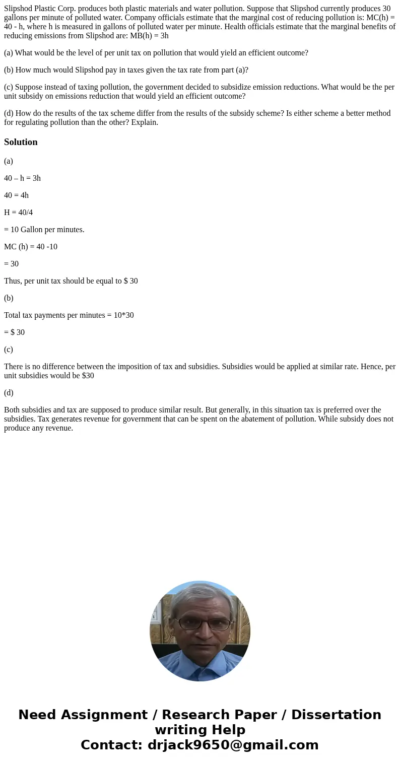 Slipshod Plastic Corp. produces both plastic materials and water pollution. Suppose that Slipshod currently produces 30 gallons per minute of polluted water. Co
