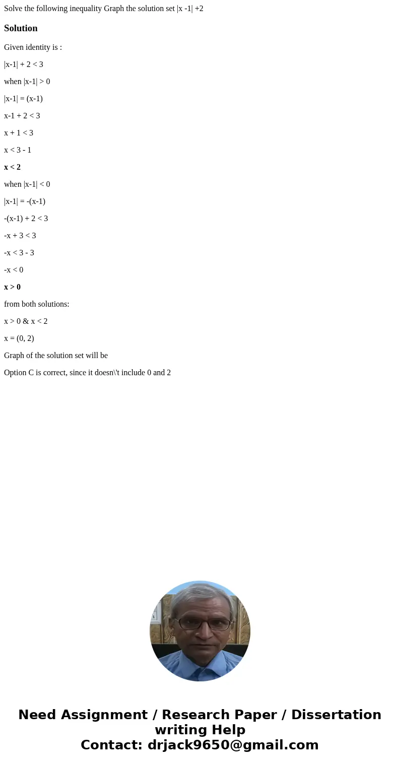 Solve the following inequality Graph the solution set |x -1| +2 SolutionGiven identity is : |x-1| + 2 < 3 when |x-1| > 0 |x-1| = (x-1) x-1 + 2 < 3 x +  Solve the following inequality Graph the solution set |x -1| +2 SolutionGiven identity is : |x-1| + 2 < 3 when |x-1| > 0 |x-1| = (x-1) x-1 + 2 < 3 x +