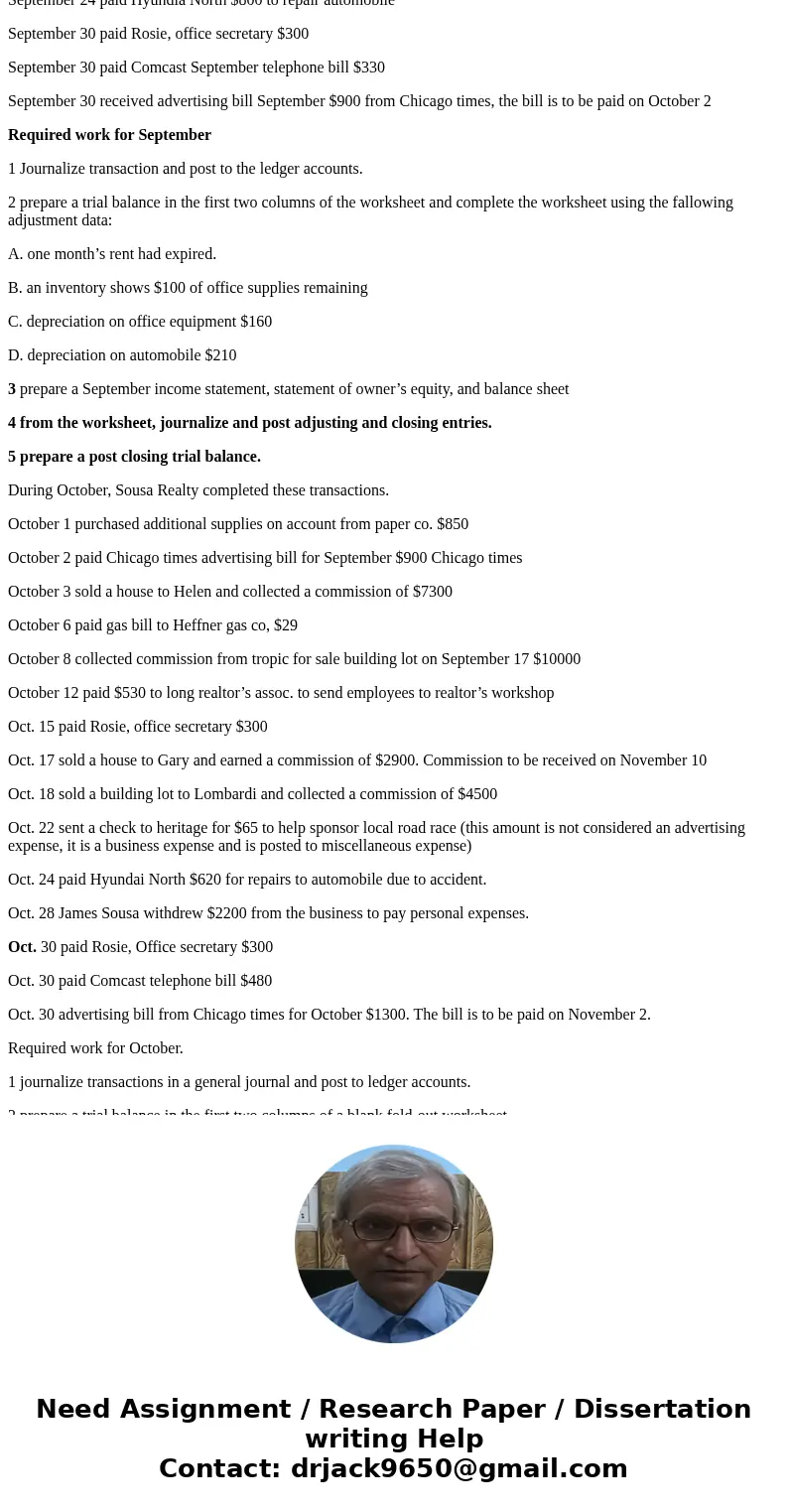 Sousa Realty Review the accounting cycle twice Make a chart of account for Sousa Realty Assets 111 cash Revenue 112 accounts receivable 411 Commission Earned 11
