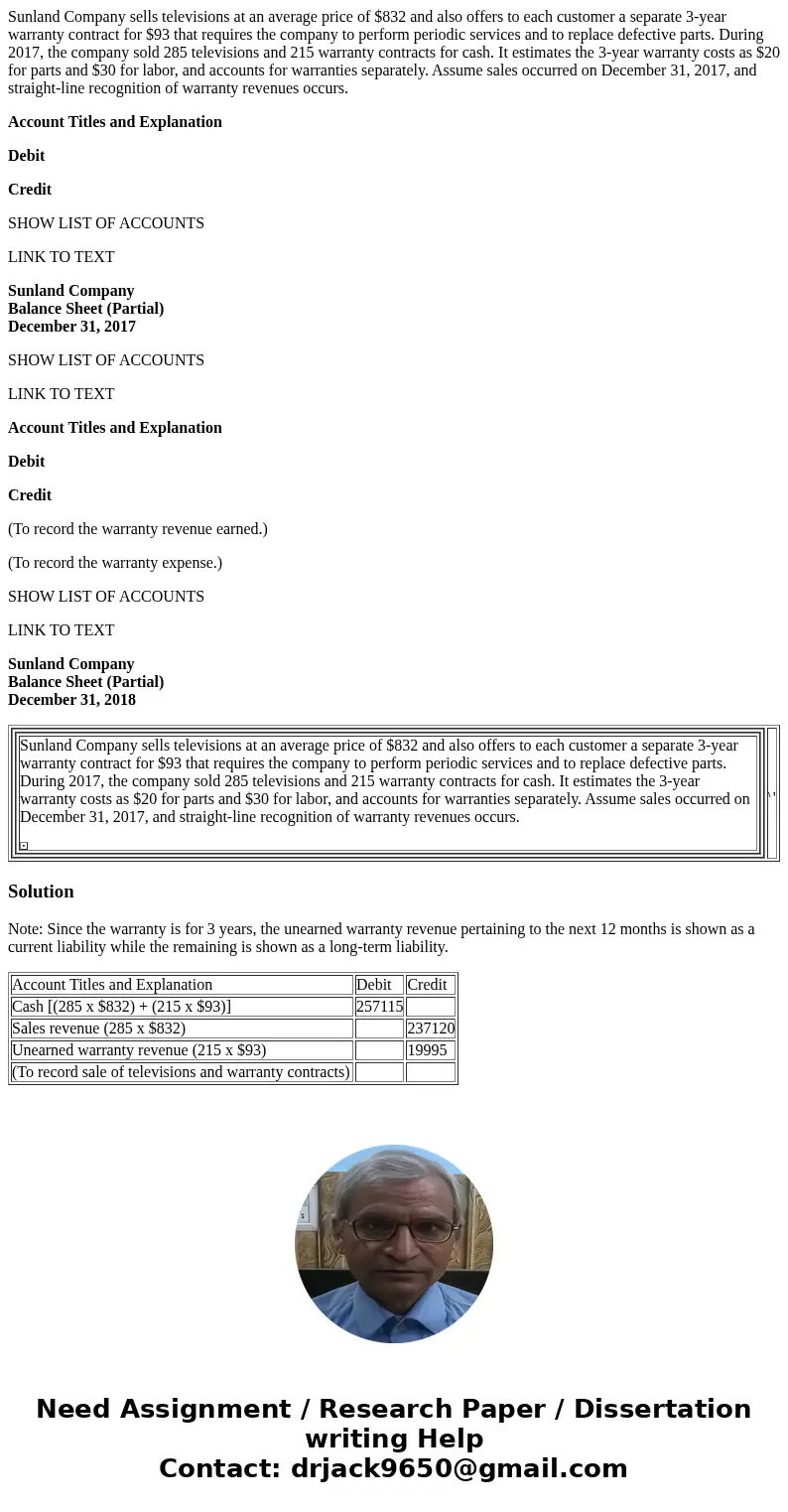 Sunland Company sells televisions at an average price of $832 and also offers to each customer a separate 3-year warranty contract for $93 that requires the com