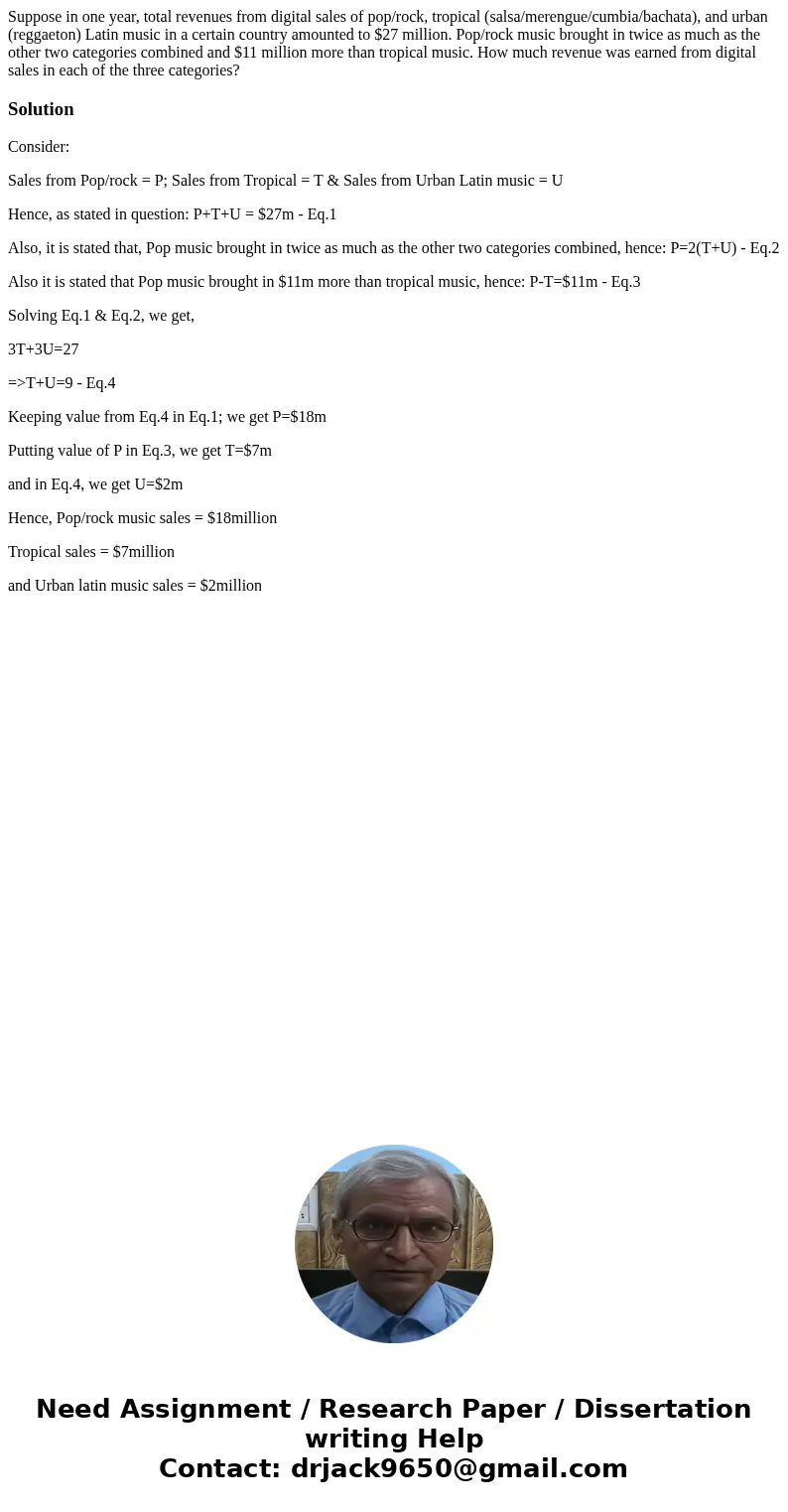 Suppose in one year, total revenues from digital sales of pop/rock, tropical (salsa/merengue/cumbia/bachata), and urban (reggaeton) Latin music in a certain cou Suppose in one year, total revenues from digital sales of pop/rock, tropical (salsa/merengue/cumbia/bachata), and urban (reggaeton) Latin music in a certain cou