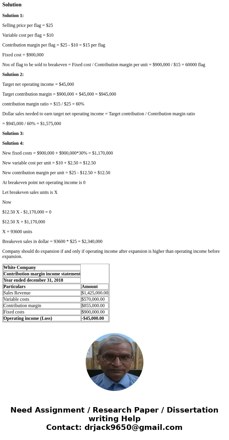  Test: Quiz CVP Chapter 20 SolutionSolution 1: Selling price per flag = $25 Variable cost per flag = $10 Contribution margin per flag = $25 - $10 = $15 per flag