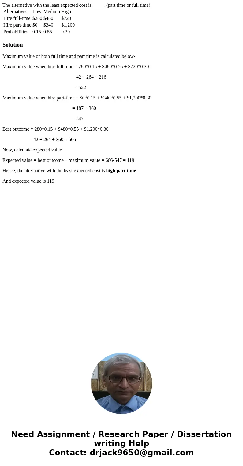 The alternative with the least expected cost is _____ (part time or full time) Alternatives Low Medium High Hire full-time $280 $480 $720 Hire part-time $0 $340 The alternative with the least expected cost is _____ (part time or full time) Alternatives Low Medium High Hire full-time $280 $480 $720 Hire part-time $0 $340