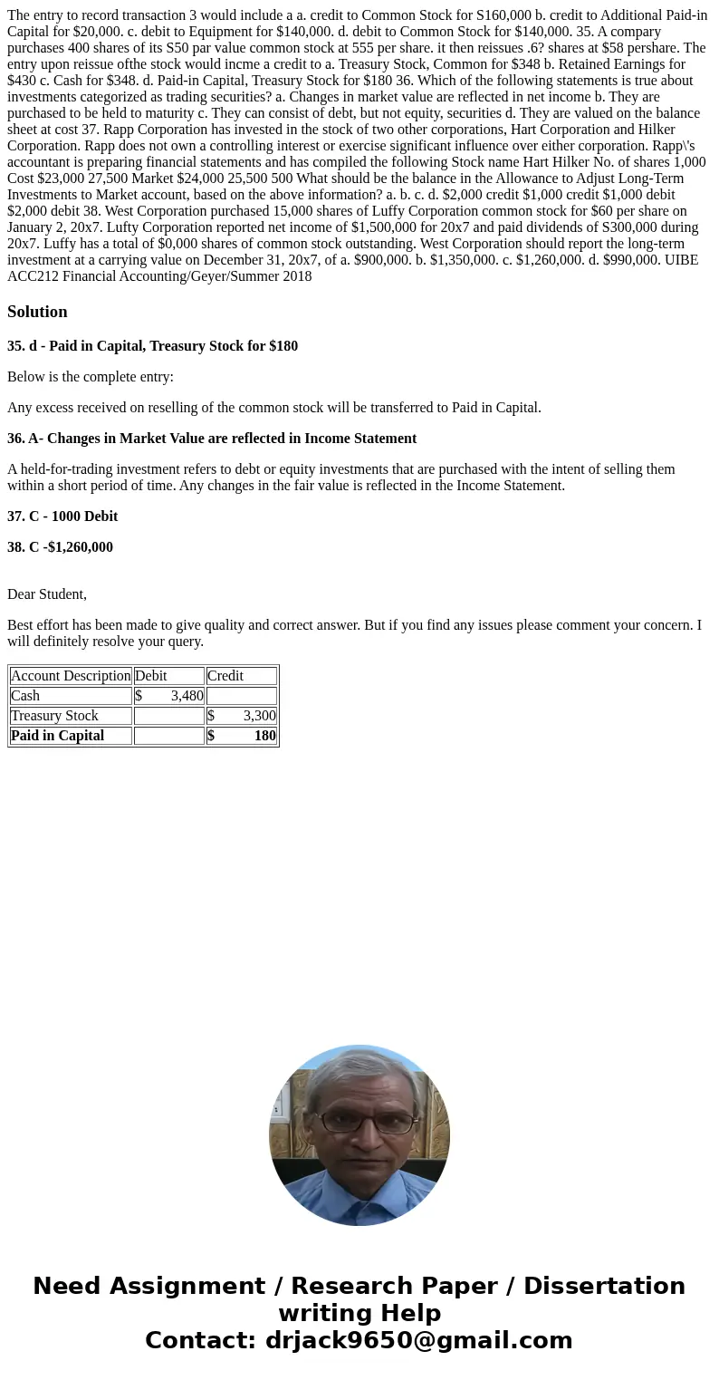 The entry to record transaction 3 would include a a. credit to Common Stock for S160,000 b. credit to Additional Paid-in Capital for $20,000. c. debit to Equip  The entry to record transaction 3 would include a a. credit to Common Stock for S160,000 b. credit to Additional Paid-in Capital for $20,000. c. debit to Equip