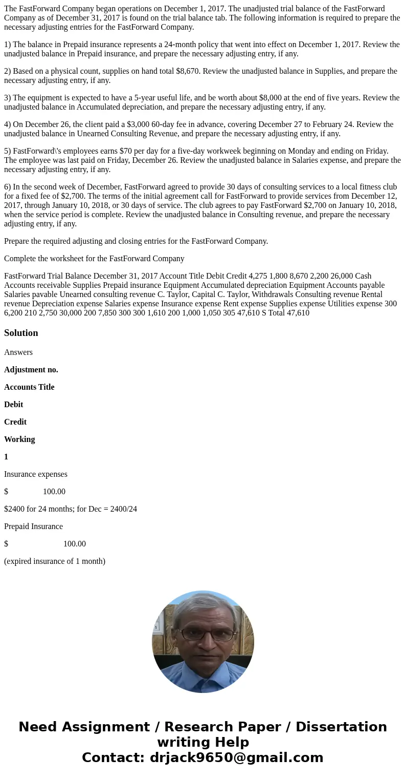 The FastForward Company began operations on December 1, 2017. The unadjusted trial balance of the FastForward Company as of December 31, 2017 is found on the tr The FastForward Company began operations on December 1, 2017. The unadjusted trial balance of the FastForward Company as of December 31, 2017 is found on the tr