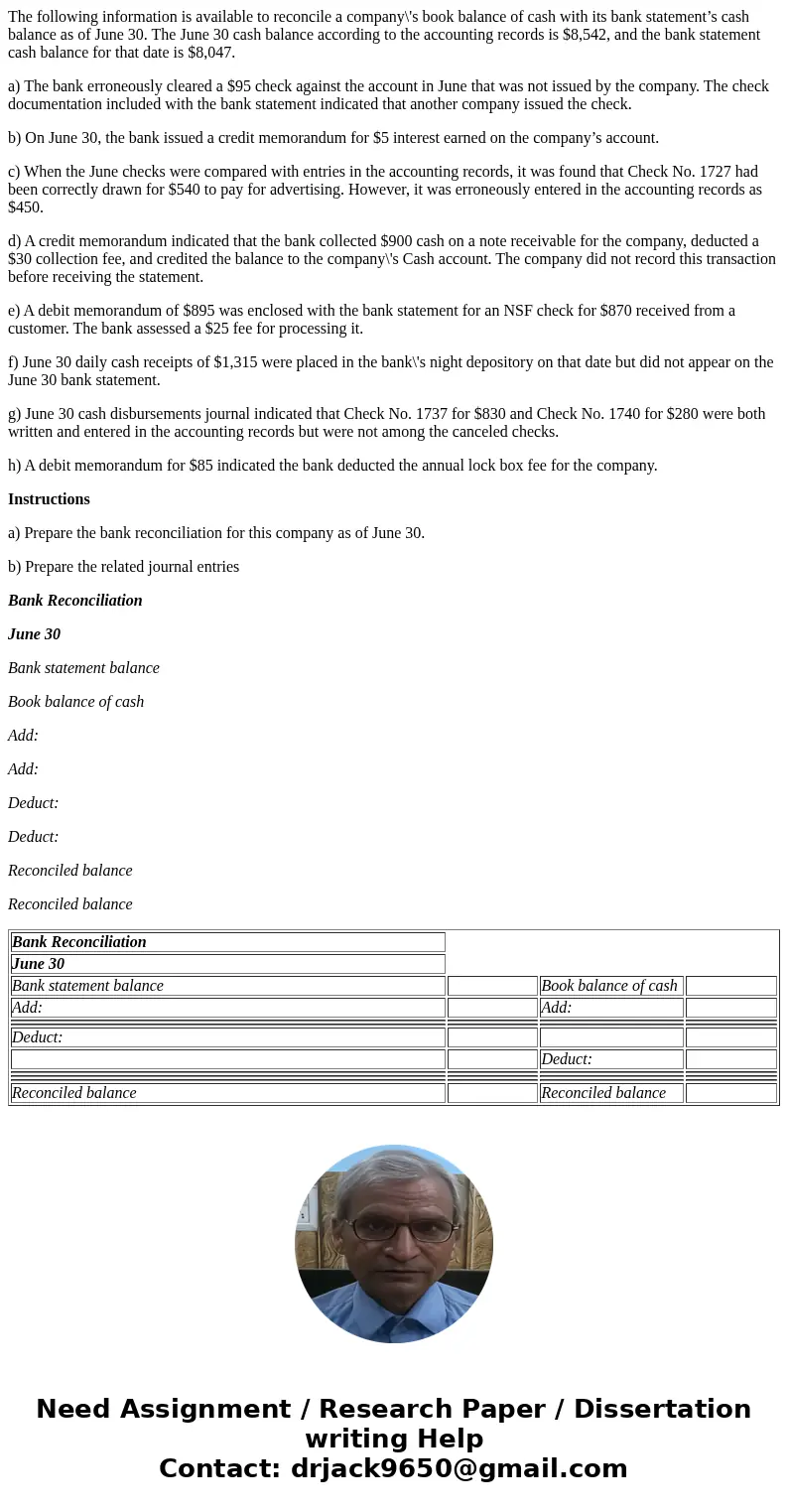 The following information is available to reconcile a company\'s book balance of cash with its bank statement’s cash balance as of June 30. The June 30 cash bal