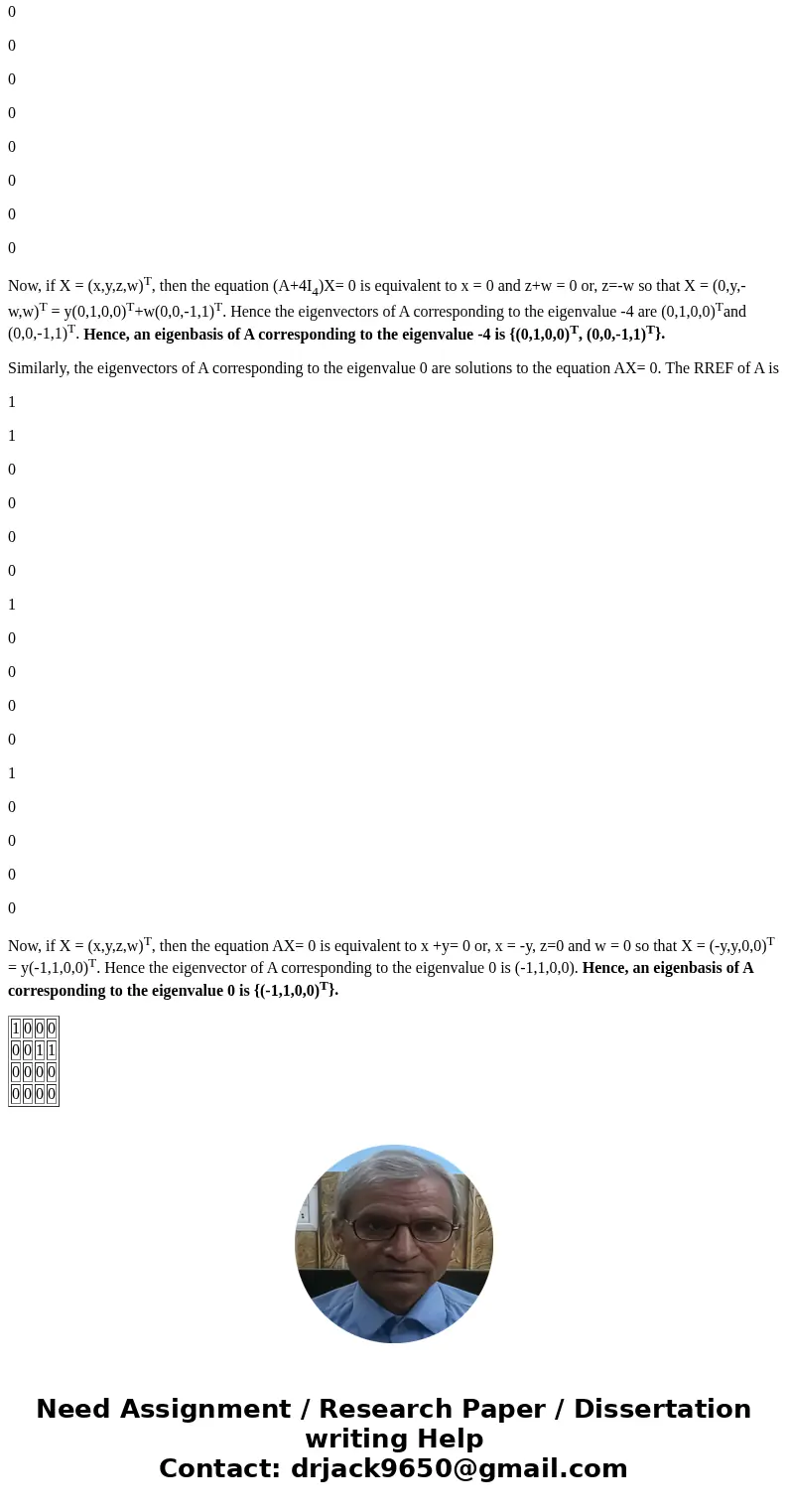  The matrix A = [0 0 -1 -1 -4 -4 13 13 0 0 4 8 0 0 -4 -8] has two distinct eigenvalues lambda_1 lambda_2. Find the eigenvalues and a basis of each eigenspace. L