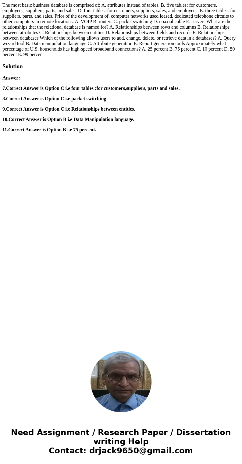 The most basic business database is comprised of: A. attributes instead of tables. B. five tables: for customers, employees, suppliers, parts, and sales. D. fo  The most basic business database is comprised of: A. attributes instead of tables. B. five tables: for customers, employees, suppliers, parts, and sales. D. fo