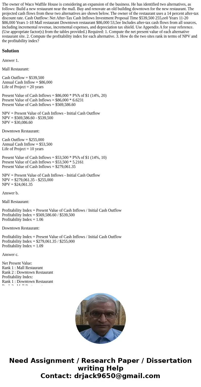  The owner of Waco Waffile House is considering an expansion of the business. He has identified two alternatives, as follows: Build a new restaurant near the ma