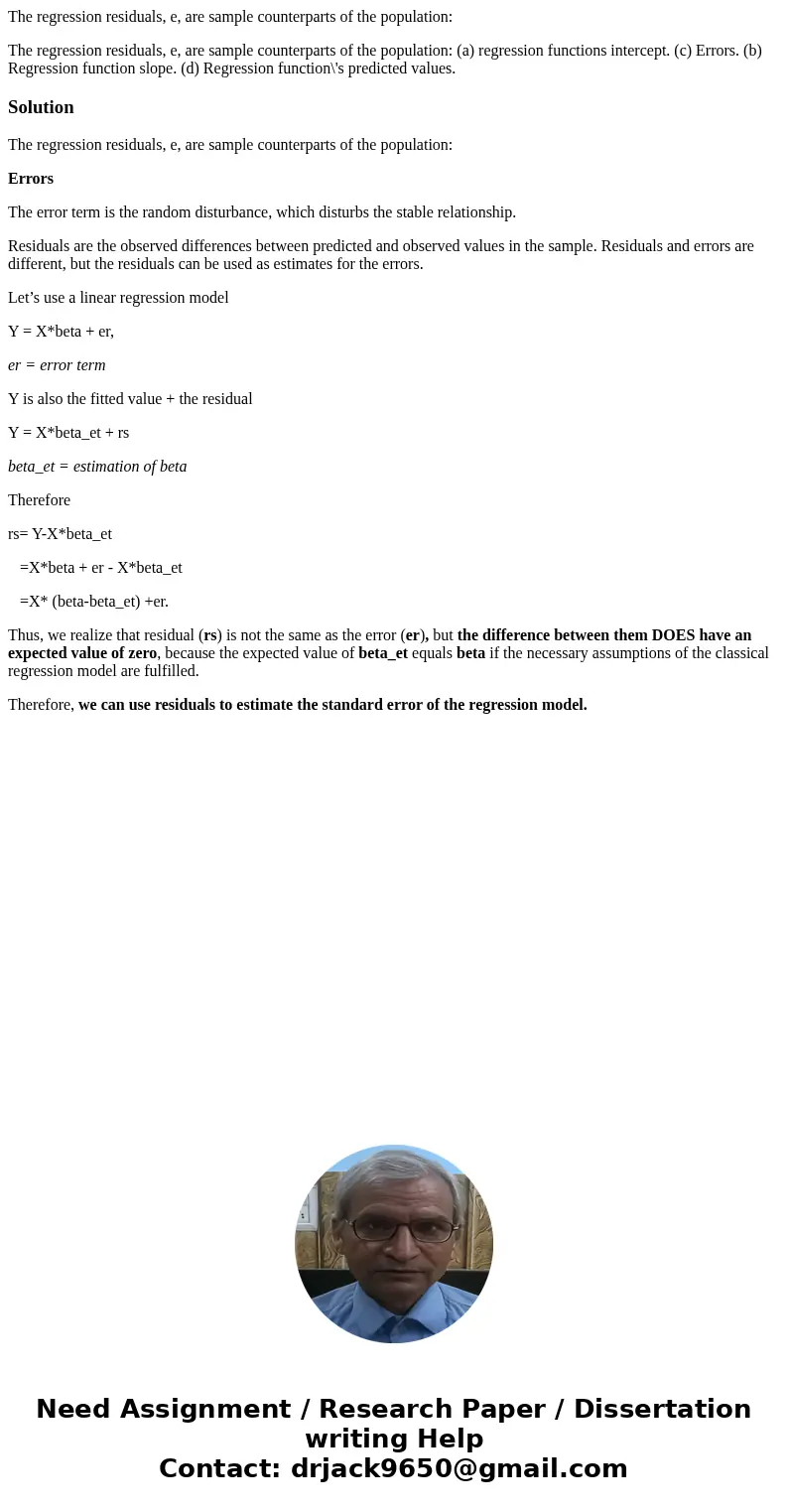 The regression residuals, e, are sample counterparts of the population: The regression residuals, e, are sample counterparts of the population: (a) regression f The regression residuals, e, are sample counterparts of the population: The regression residuals, e, are sample counterparts of the population: (a) regression f