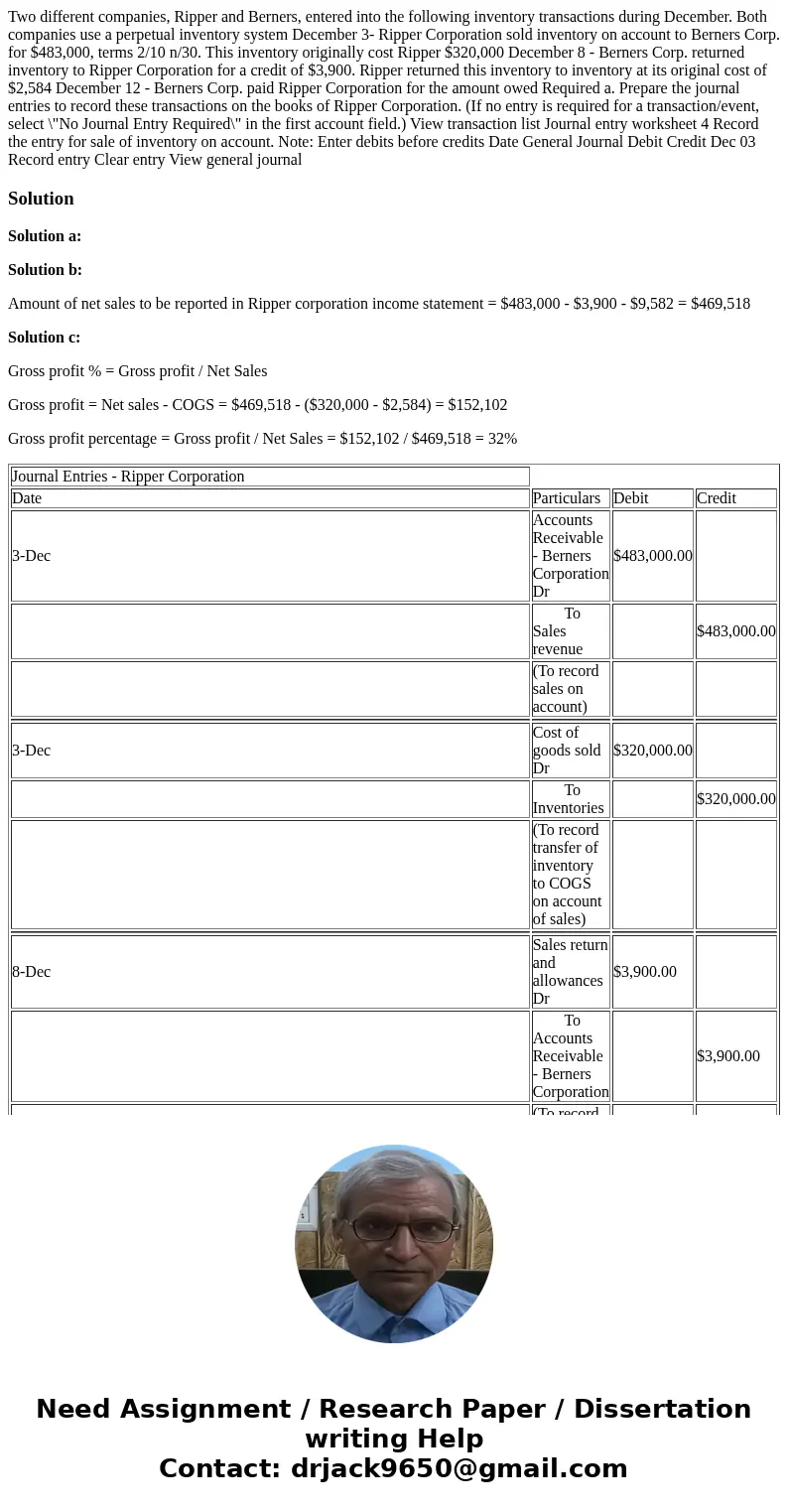  Two different companies, Ripper and Berners, entered into the following inventory transactions during December. Both companies use a perpetual inventory system