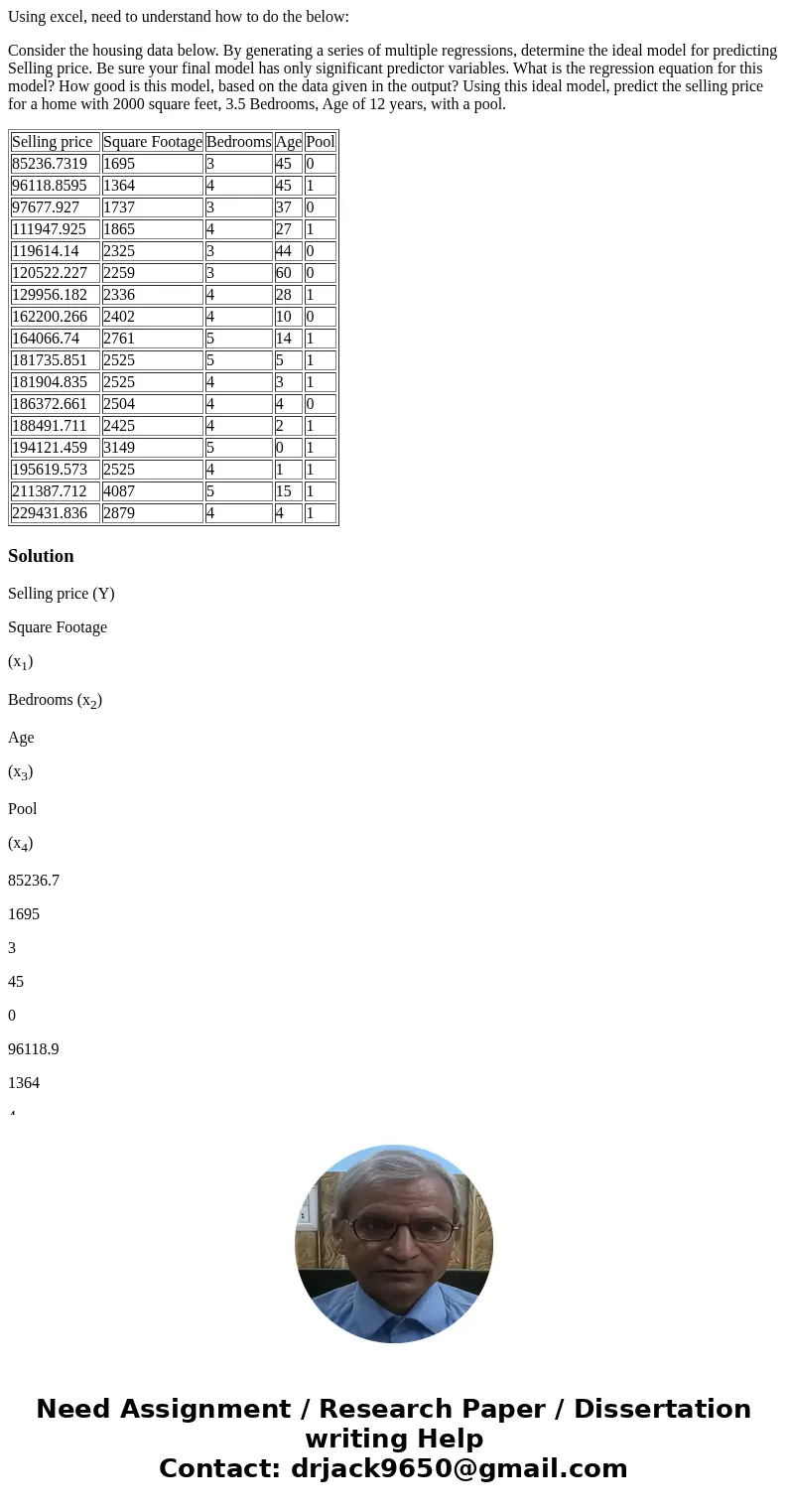 Using excel, need to understand how to do the below: Consider the housing data below. By generating a series of multiple regressions, determine the ideal model 