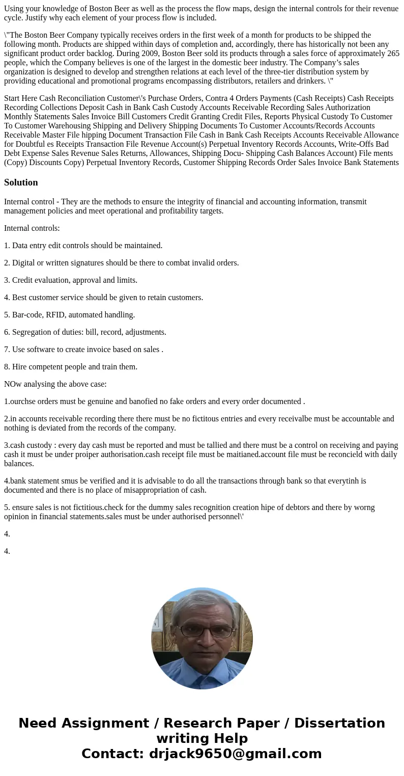 Using your knowledge of Boston Beer as well as the process the flow maps, design the internal controls for their revenue cycle. Justify why each element of your Using your knowledge of Boston Beer as well as the process the flow maps, design the internal controls for their revenue cycle. Justify why each element of your