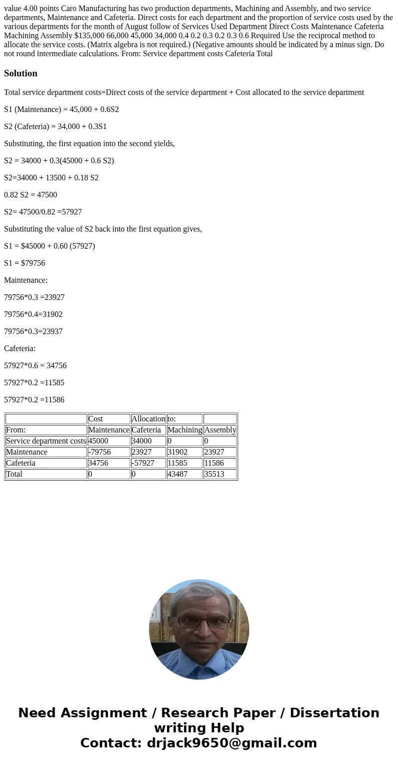 value 4.00 points Caro Manufacturing has two production departments, Machining and Assembly, and two service departments, Maintenance and Cafeteria. Direct cos  value 4.00 points Caro Manufacturing has two production departments, Machining and Assembly, and two service departments, Maintenance and Cafeteria. Direct cos
