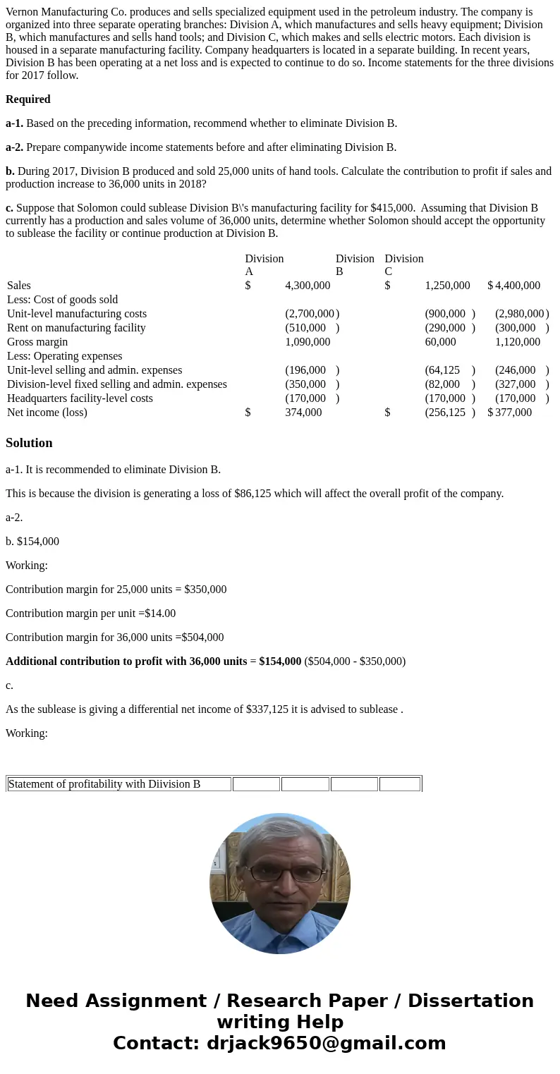 Vernon Manufacturing Co. produces and sells specialized equipment used in the petroleum industry. The company is organized into three separate operating branche