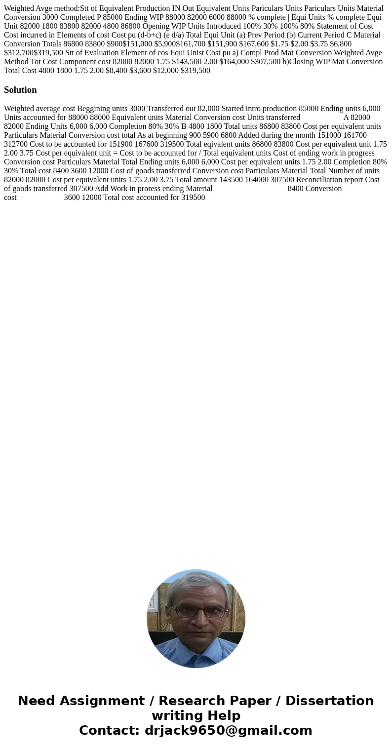 Weighted Avge method:Stt of Equivalent Production IN Out Equivalent Units Pariculars Units Pariculars Units Material Conversion 3000 Completed P 85000 Ending W  Weighted Avge method:Stt of Equivalent Production IN Out Equivalent Units Pariculars Units Pariculars Units Material Conversion 3000 Completed P 85000 Ending W
