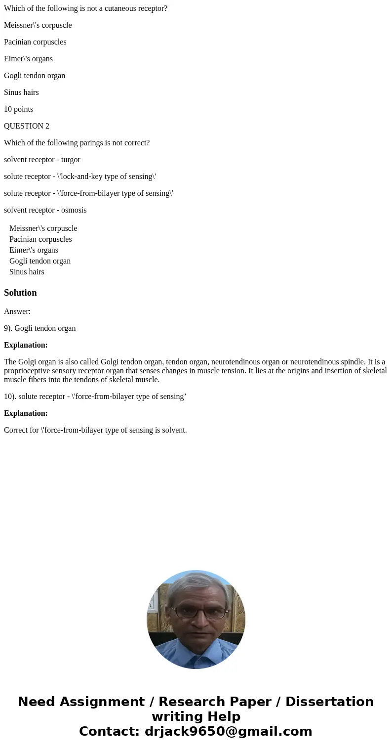 Which of the following is not a cutaneous receptor? Meissner\'s corpuscle Pacinian corpuscles Eimer\'s organs Gogli tendon organ Sinus hairs 10 points QUESTION  Which of the following is not a cutaneous receptor? Meissner\'s corpuscle Pacinian corpuscles Eimer\'s organs Gogli tendon organ Sinus hairs 10 points QUESTION