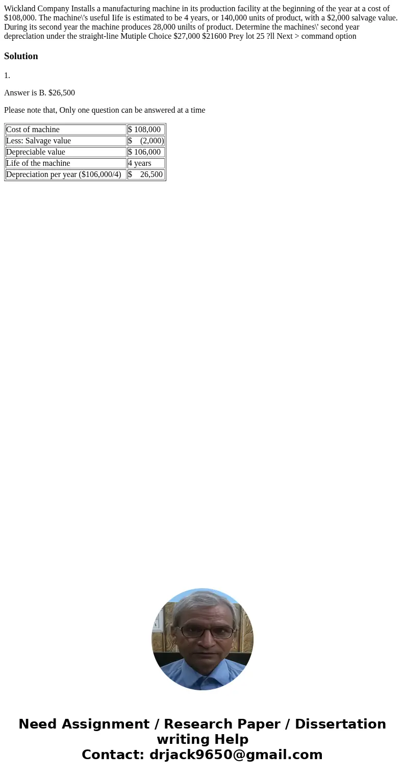 Wickland Company Installs a manufacturing machine in its production facility at the beginning of the year at a cost of $108,000. The machine\'s useful Iife is   Wickland Company Installs a manufacturing machine in its production facility at the beginning of the year at a cost of $108,000. The machine\'s useful Iife is