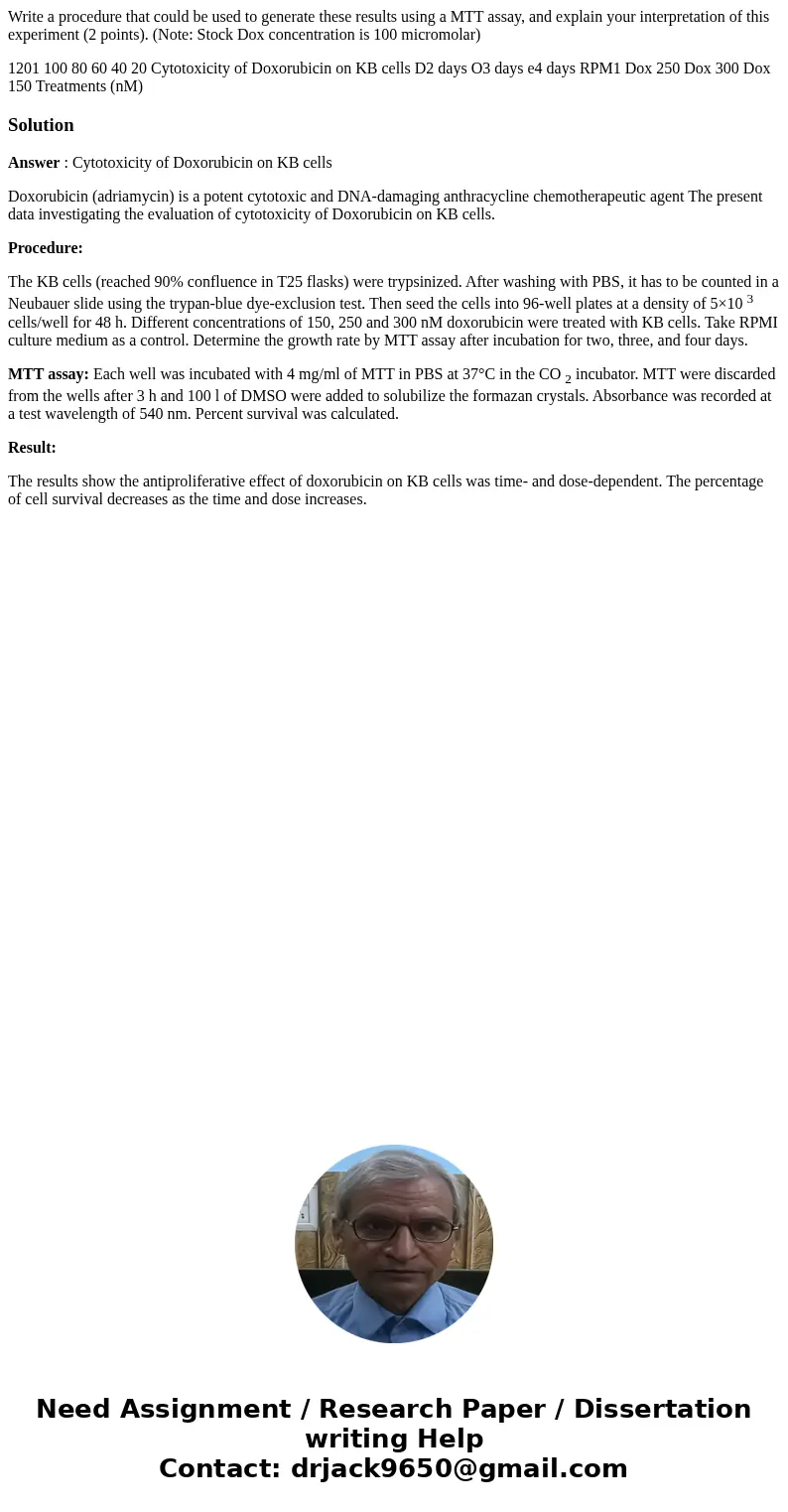 Write a procedure that could be used to generate these results using a MTT assay, and explain your interpretation of this experiment (2 points). (Note: Stock Do Write a procedure that could be used to generate these results using a MTT assay, and explain your interpretation of this experiment (2 points). (Note: Stock Do