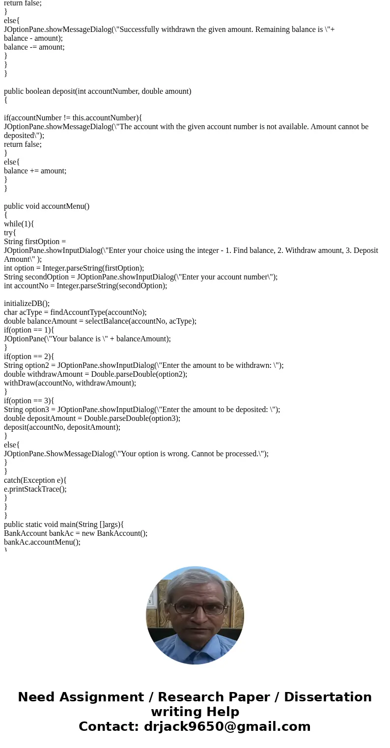 Write a program called BankAccount.Java. This program contains the following methods: 1) Database Methods a. initializeDB : Makes a connection to the database a