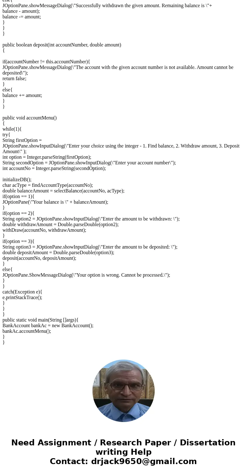 Write a program called BankAccount.Java. This program contains the following methods: 1) Database Methods a. initializeDB : Makes a connection to the database a