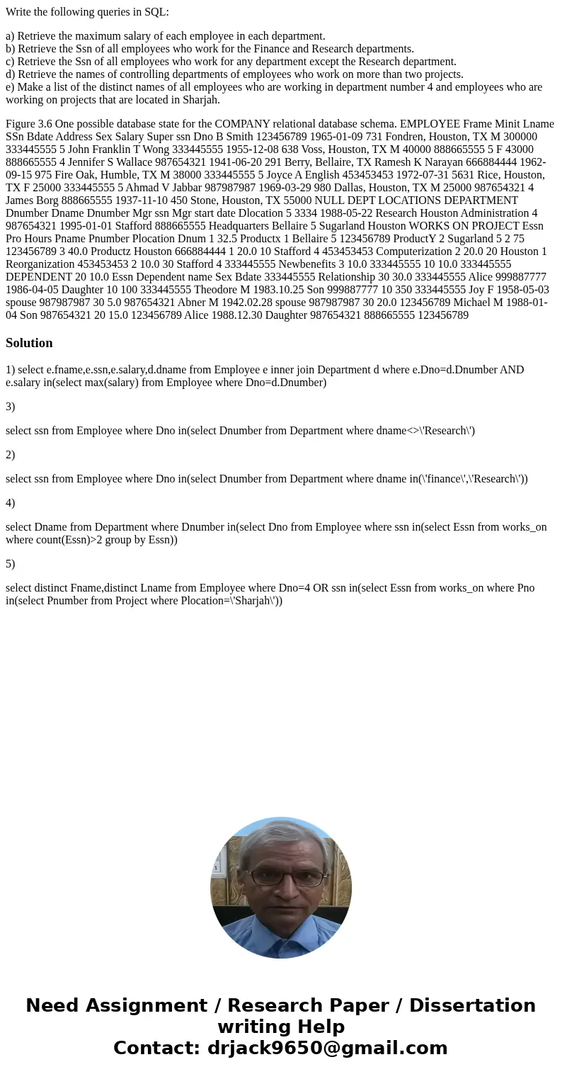 Write the following queries in SQL: a) Retrieve the maximum salary of each employee in each department. b) Retrieve the Ssn of all employees who work for the Fi