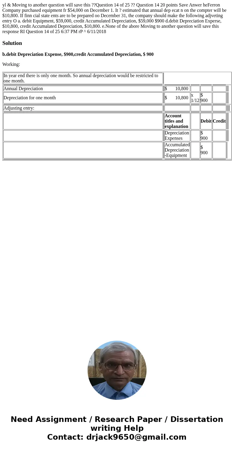  yl & Moving to another question will save this ??Question 14 of 25 ?? Question 14 20 points Save Anwer heFerron Company purchased equipment fr $54,000 on D
