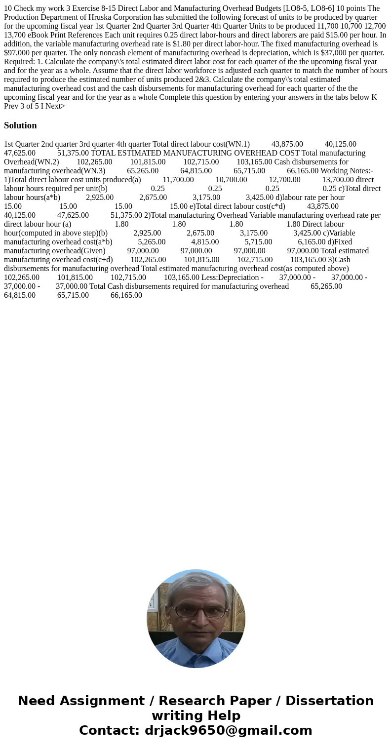  10 Check my work 3 Exercise 8-15 Direct Labor and Manufacturing Overhead Budgets [LO8-5, LO8-6] 10 points The Production Department of Hruska Corporation has s