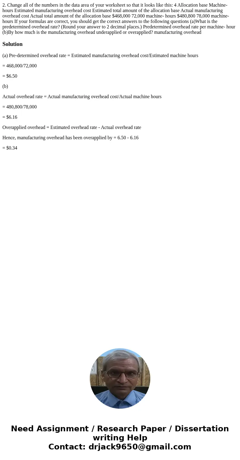 2. Change all of the numbers in the data area of your worksheet so that it looks like this: 4 Allocation base Machine-hours Estimated manufacturing overhead co  2. Change all of the numbers in the data area of your worksheet so that it looks like this: 4 Allocation base Machine-hours Estimated manufacturing overhead co