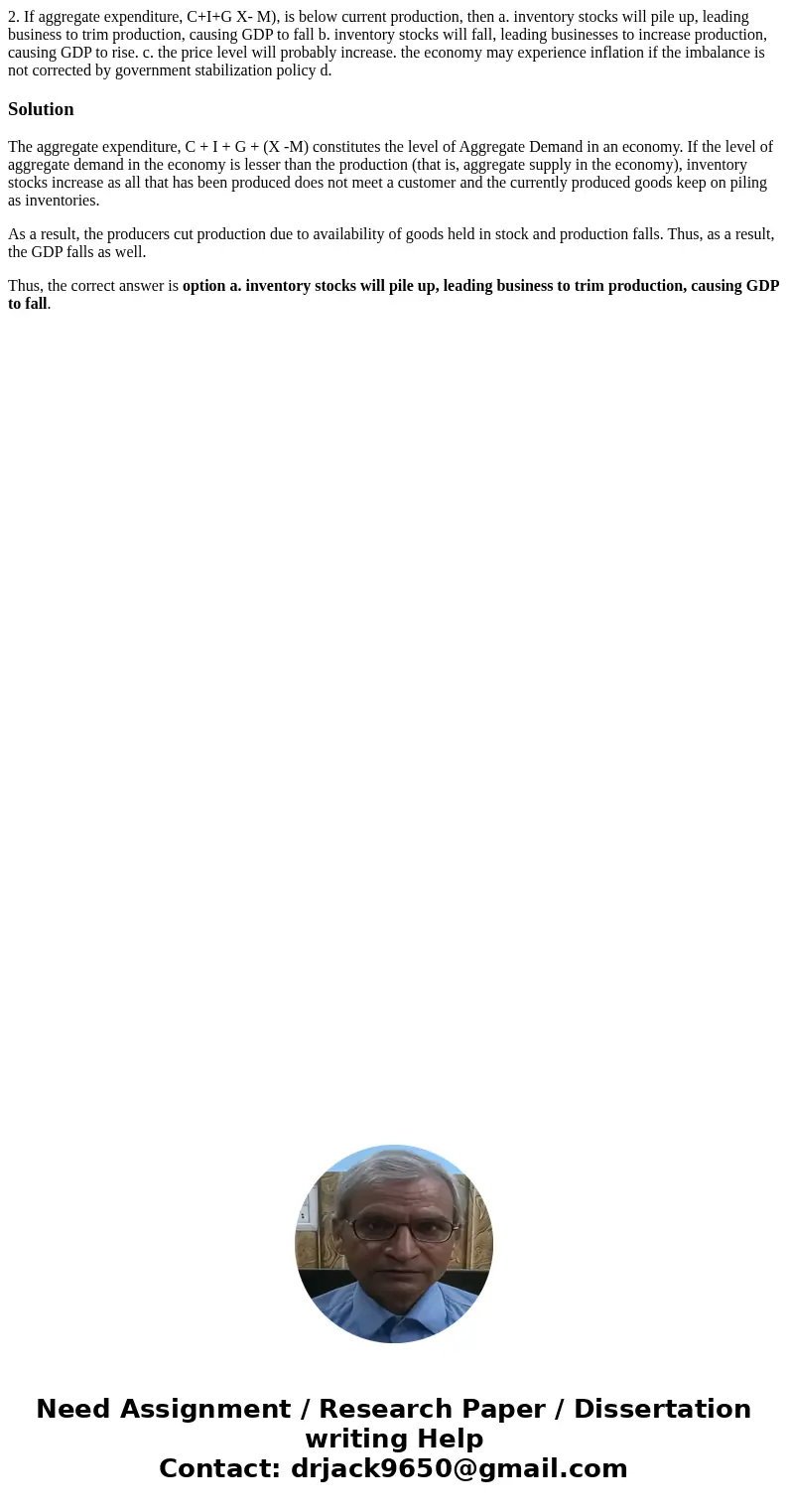 2. If aggregate expenditure, C+I+G X- M), is below current production, then a. inventory stocks will pile up, leading business to trim production, causing GDP   2. If aggregate expenditure, C+I+G X- M), is below current production, then a. inventory stocks will pile up, leading business to trim production, causing GDP