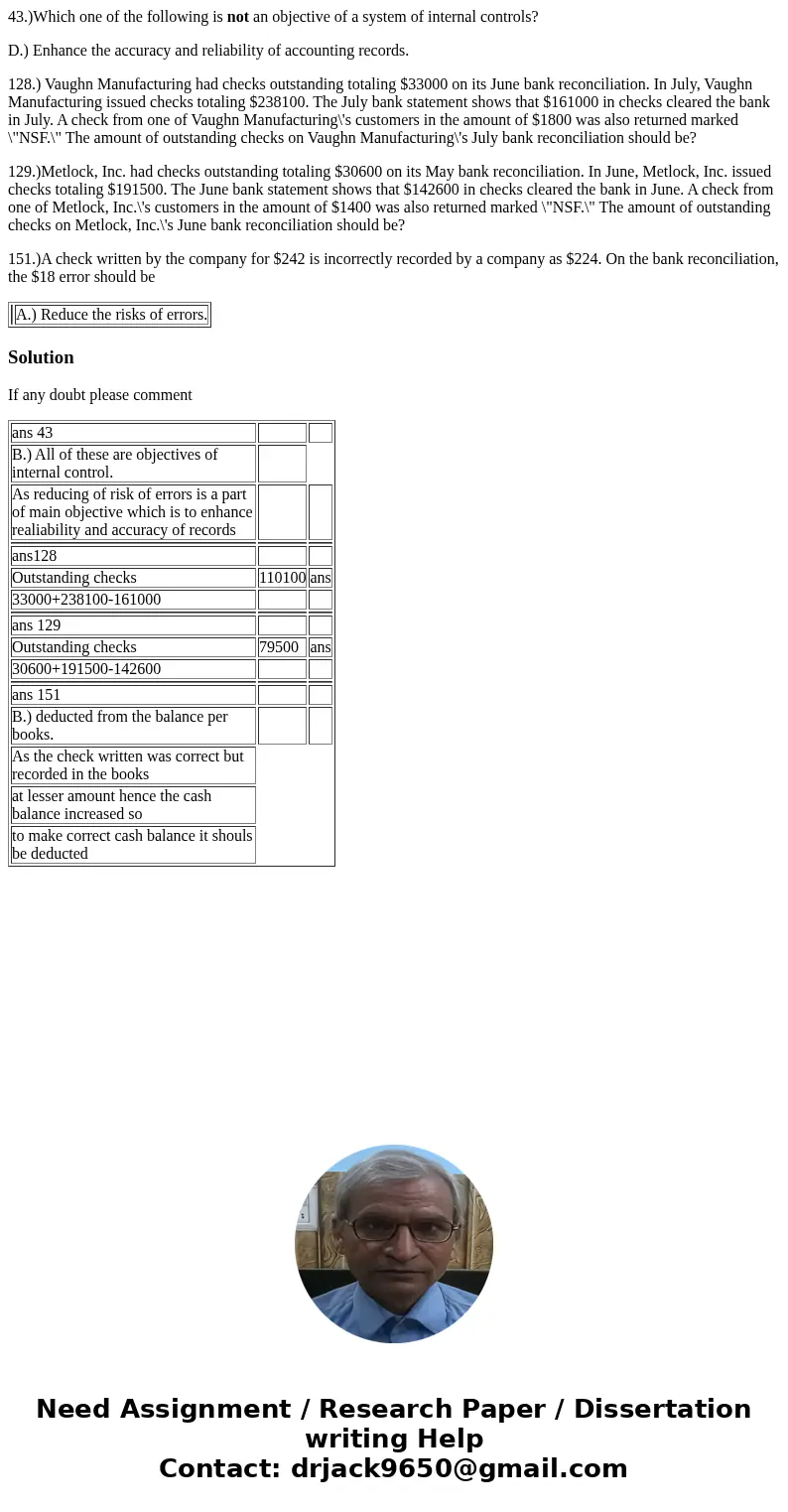 43.)Which one of the following is not an objective of a system of internal controls? D.) Enhance the accuracy and reliability of accounting records. 128.) Vaugh