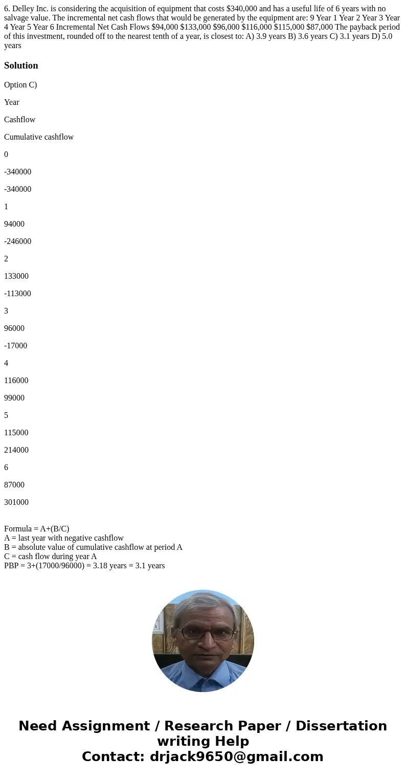 6. Delley Inc. is considering the acquisition of equipment that costs $340,000 and has a useful life of 6 years with no salvage value. The incremental net cash  6. Delley Inc. is considering the acquisition of equipment that costs $340,000 and has a useful life of 6 years with no salvage value. The incremental net cash