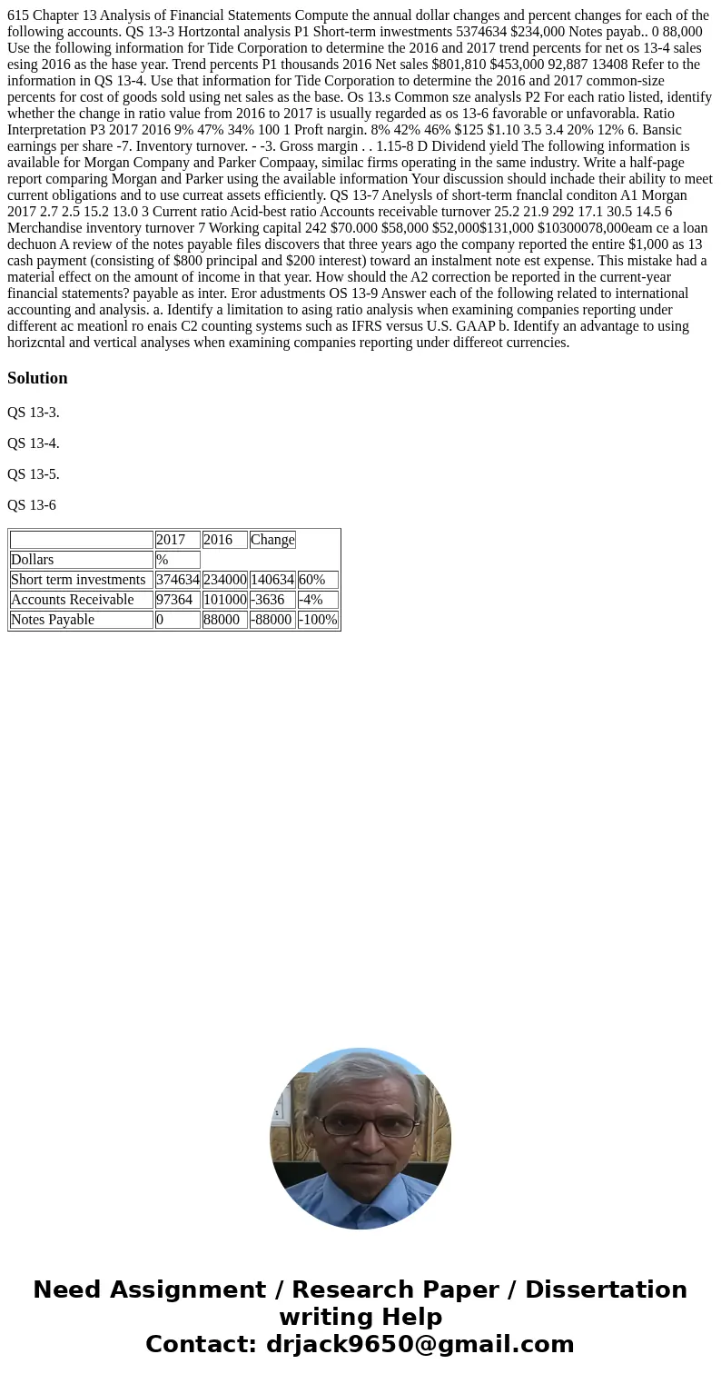  615 Chapter 13 Analysis of Financial Statements Compute the annual dollar changes and percent changes for each of the following accounts. QS 13-3 Hortzontal an