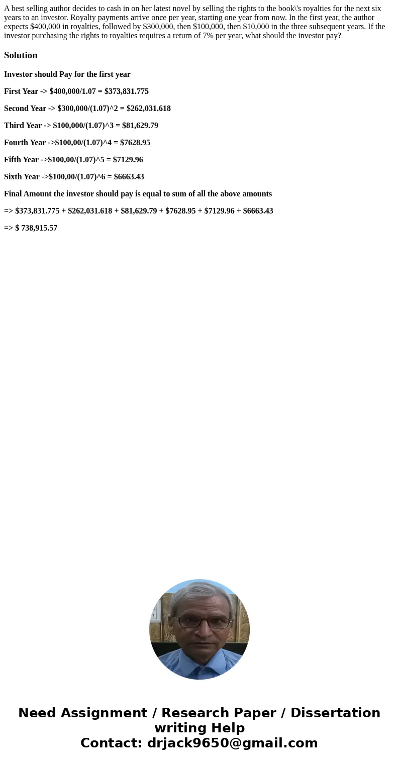 A best selling author decides to cash in on her latest novel by selling the rights to the book\'s royalties for the next six years to an investor. Royalty payme A best selling author decides to cash in on her latest novel by selling the rights to the book\'s royalties for the next six years to an investor. Royalty payme