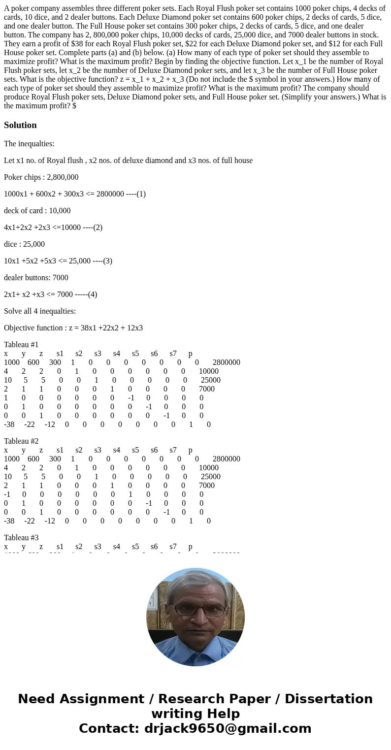 A poker company assembles three different poker sets. Each Royal Flush poker set contains 1000 poker chips, 4 decks of cards, 10 dice, and 2 dealer buttons. Ea  A poker company assembles three different poker sets. Each Royal Flush poker set contains 1000 poker chips, 4 decks of cards, 10 dice, and 2 dealer buttons. Ea