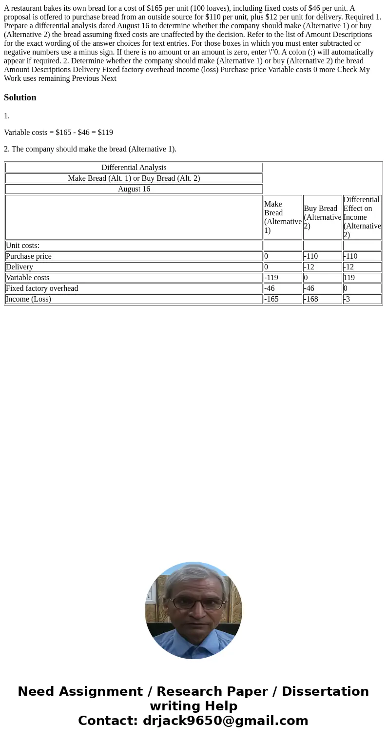  A restaurant bakes its own bread for a cost of $165 per unit (100 loaves), including fixed costs of $46 per unit. A proposal is offered to purchase bread from 