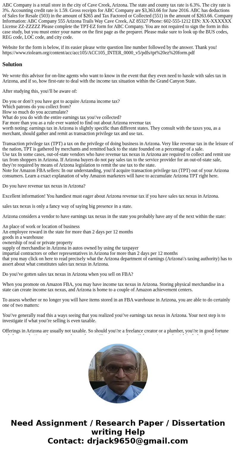 ABC Company is a retail store in the city of Cave Creek, Arizona. The state and county tax rate is 6.3%. The city rate is 3%. Accounting credit rate is 1.59. Gr