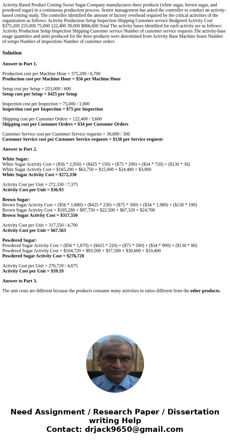 Activity-Based Product Costing Sweet Sugar Company manufactures three products (white sugar, brown sugar, and powdered sugar) in a continuous production proces  Activity-Based Product Costing Sweet Sugar Company manufactures three products (white sugar, brown sugar, and powdered sugar) in a continuous production proces