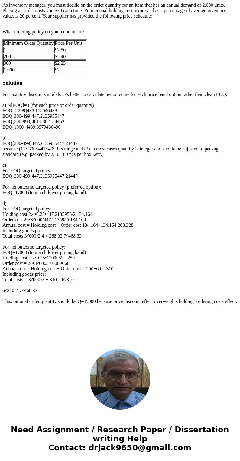 As inventory manager, you must decide on the order quantity for an item that has an annual demand of 2,000 units. Placing an order costs you $20 each time. Your As inventory manager, you must decide on the order quantity for an item that has an annual demand of 2,000 units. Placing an order costs you $20 each time. Your