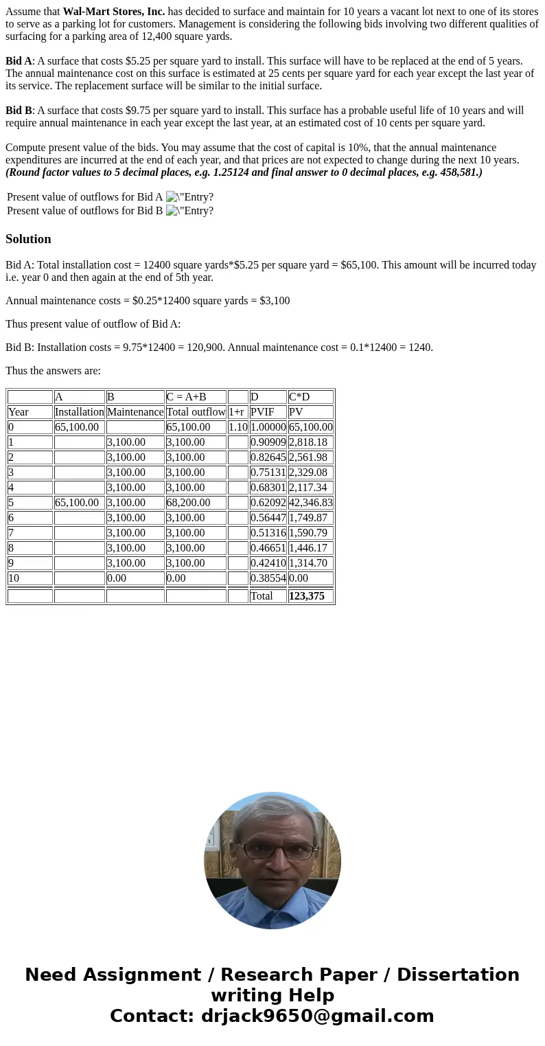 Assume that Wal-Mart Stores, Inc. has decided to surface and maintain for 10 years a vacant lot next to one of its stores to serve as a parking lot for customer