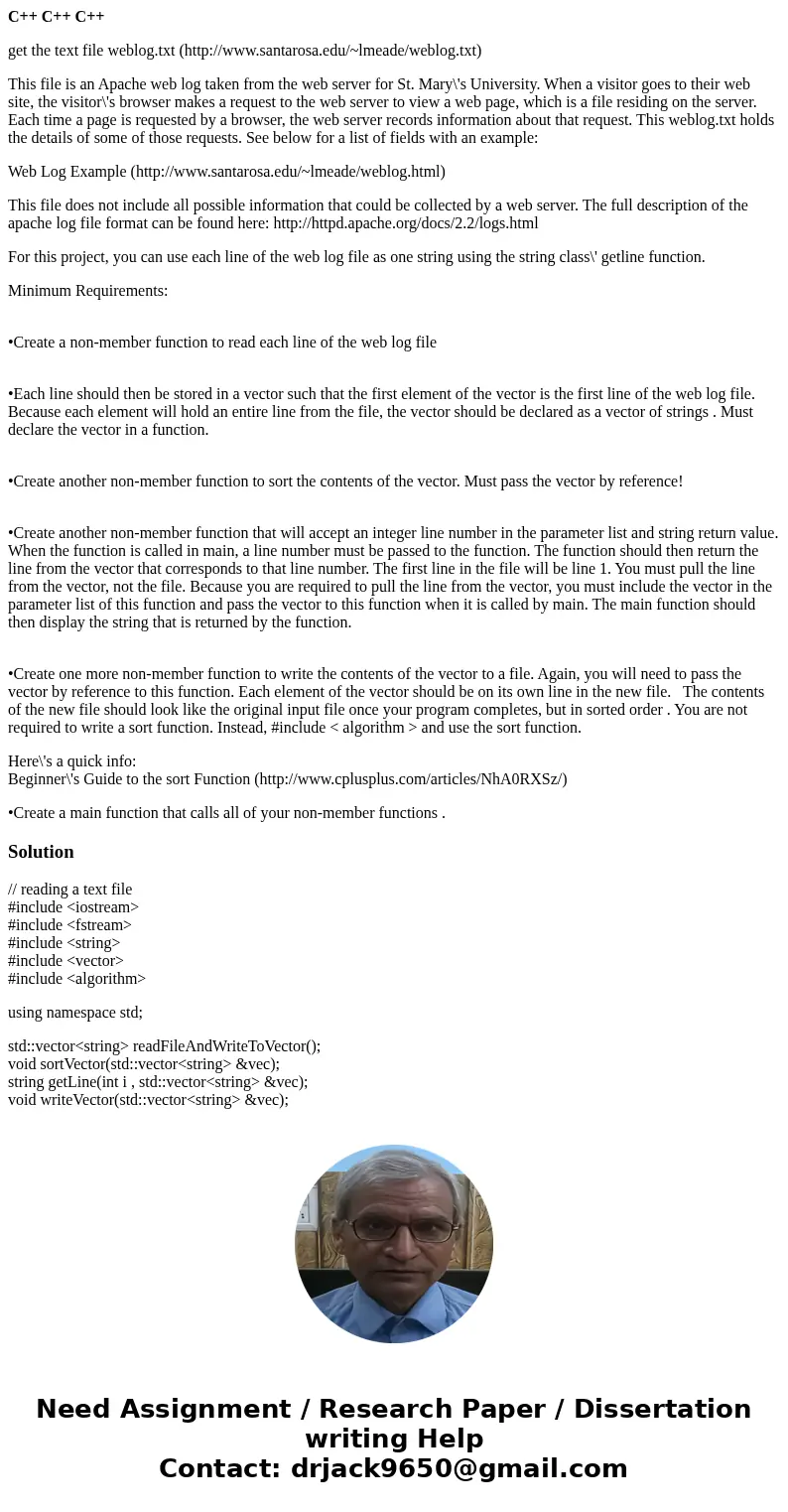 C++ C++ C++ get the text file weblog.txt (http://www.santarosa.edu/~lmeade/weblog.txt) This file is an Apache web log taken from the web server for St. Mary\'s  C++ C++ C++ get the text file weblog.txt (http://www.santarosa.edu/~lmeade/weblog.txt) This file is an Apache web log taken from the web server for St. Mary\'s