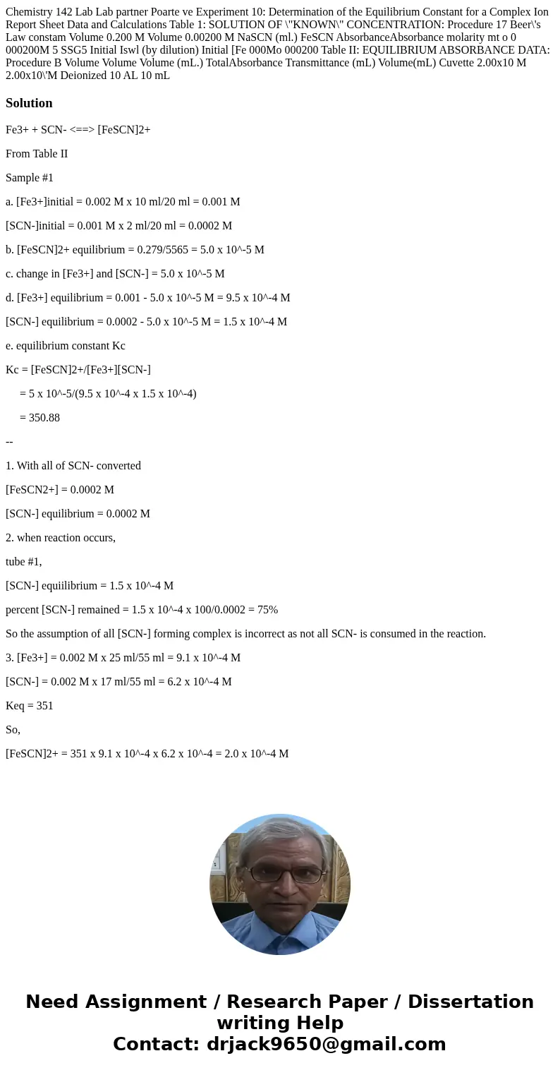 Chemistry 142 Lab Lab partner Poarte ve Experiment 10: Determination of the Equilibrium Constant for a Complex Ion Report Sheet Data and Calculations Table 1:   Chemistry 142 Lab Lab partner Poarte ve Experiment 10: Determination of the Equilibrium Constant for a Complex Ion Report Sheet Data and Calculations Table 1: