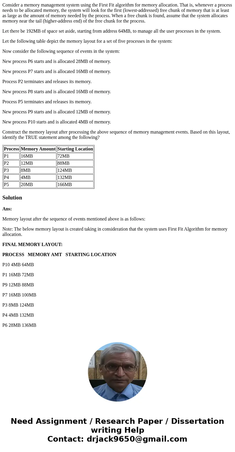 Consider a memory management system using the First Fit algorithm for memory allocation. That is, whenever a process needs to be allocated memory, the system wi Consider a memory management system using the First Fit algorithm for memory allocation. That is, whenever a process needs to be allocated memory, the system wi
