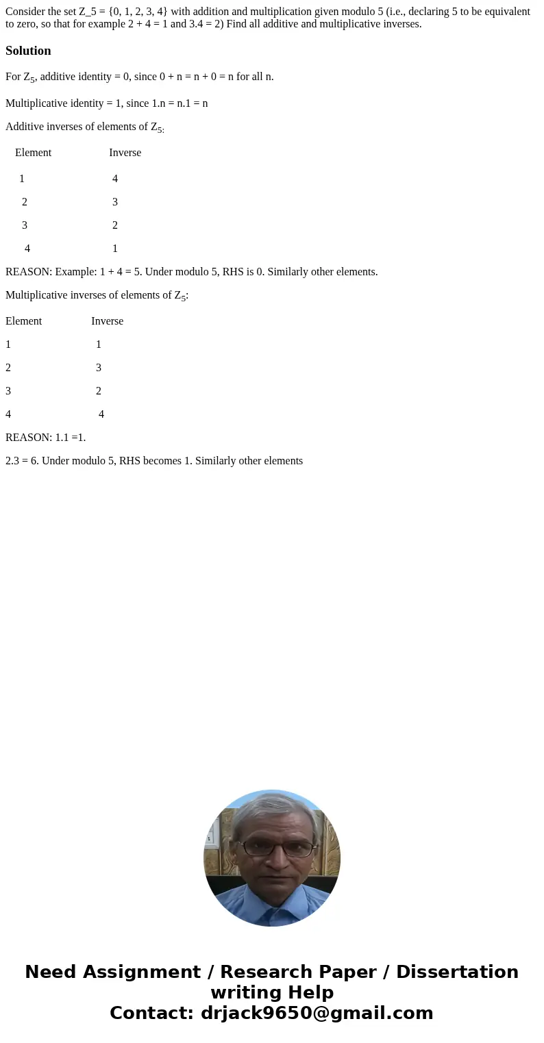 Consider the set Z_5 = {0, 1, 2, 3, 4} with addition and multiplication given modulo 5 (i.e., declaring 5 to be equivalent to zero, so that for example 2 + 4 =  Consider the set Z_5 = {0, 1, 2, 3, 4} with addition and multiplication given modulo 5 (i.e., declaring 5 to be equivalent to zero, so that for example 2 + 4 =