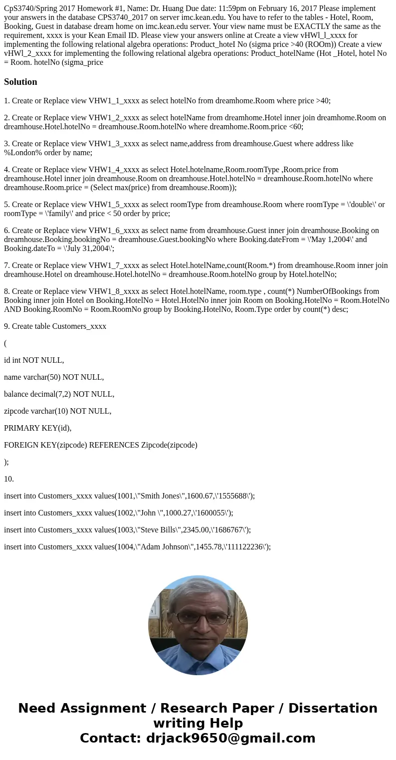 CpS3740/Spring 2017 Homework #1, Name: Dr. Huang Due date: 11:59pm on February 16, 2017 Please implement your answers in the database CPS3740_2017 on server im  CpS3740/Spring 2017 Homework #1, Name: Dr. Huang Due date: 11:59pm on February 16, 2017 Please implement your answers in the database CPS3740_2017 on server im