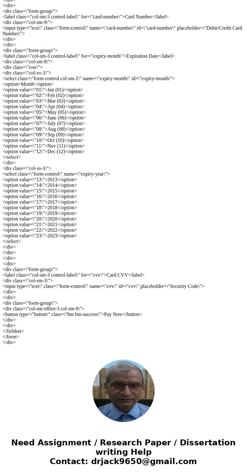 Create a html program that uses a user input interface to enter your credit card info.Solution<div class=\