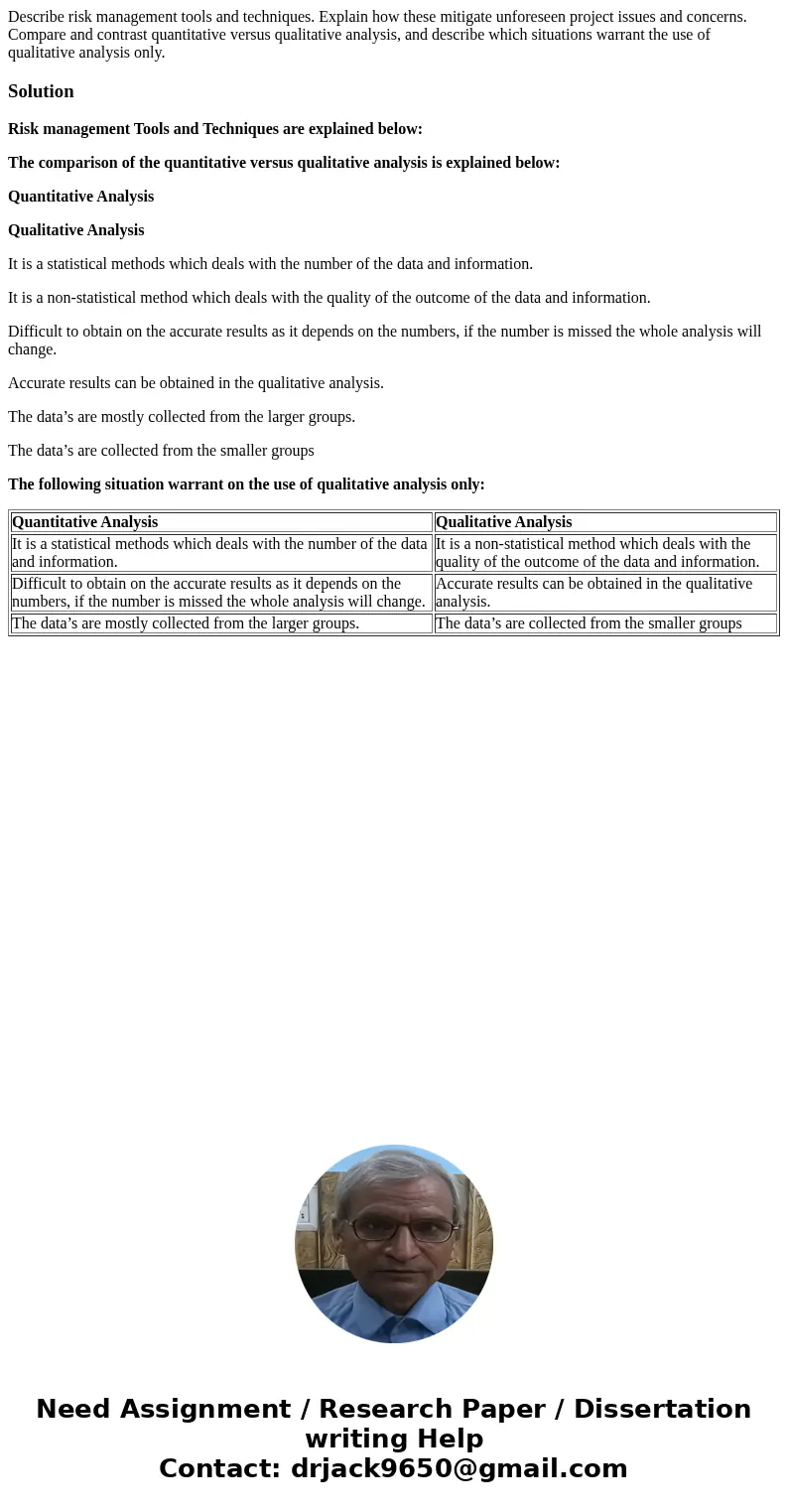 Describe risk management tools and techniques. Explain how these mitigate unforeseen project issues and concerns. Compare and contrast quantitative versus quali Describe risk management tools and techniques. Explain how these mitigate unforeseen project issues and concerns. Compare and contrast quantitative versus quali