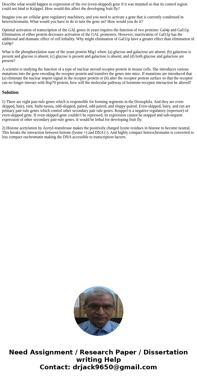 Describe what would happen to expression of the eve (even-skipped) gene if it was mutated so that its control region could not bind to Krüppel. How would this a Describe what would happen to expression of the eve (even-skipped) gene if it was mutated so that its control region could not bind to Krüppel. How would this a